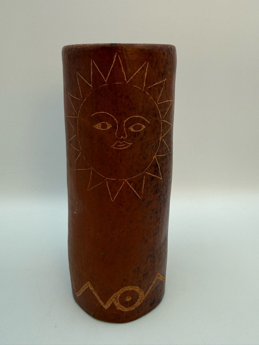 Vintage Ceramic Vase With Sun Design 7” Tall